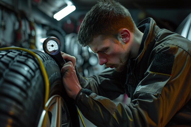 mechanic measuring air pressure in a tire