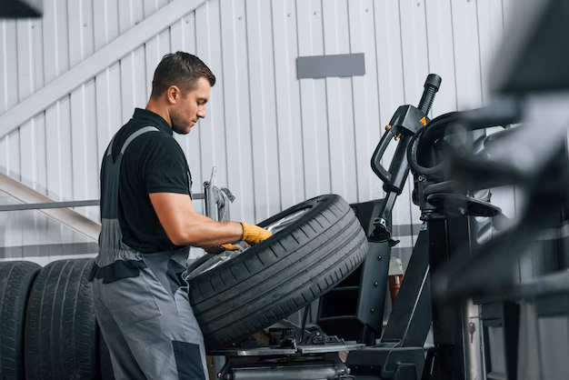 mechanic working on a tire on a table
